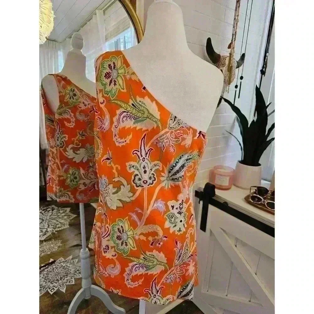 Etcetera Women's Size 6 Orange Silk One Shoulder Sleeveless Summer Blouse